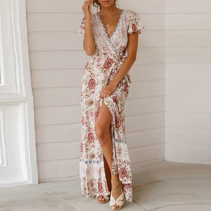 Product Image for Heidi-Mode | Sommer Maxikleid mit Eleganten Rüschen, Tiefer V-Ausschnitt und Kurzen Ärmeln, Weiß / M