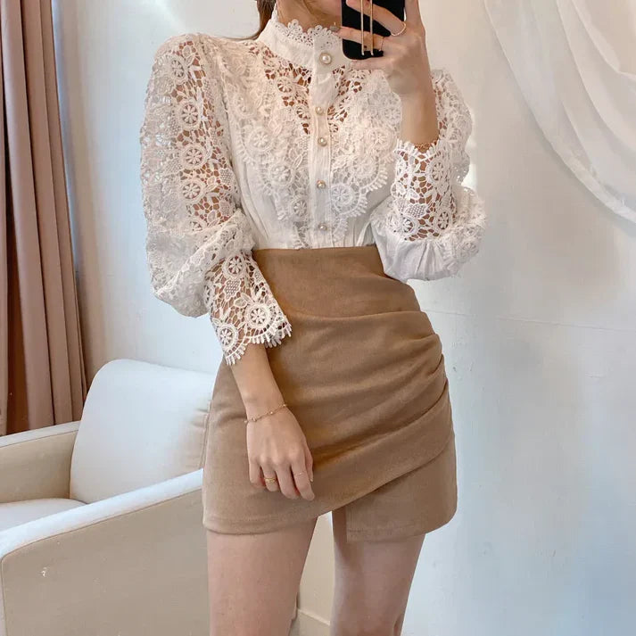 Product Image for Heidi-Mode | Spitzenbluse mit Stehkragen, Beige / XXL