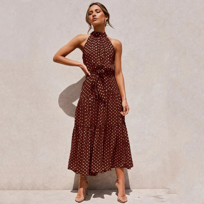 Product Image for Langes, rückenfreies, gepunktetes Kleid, Braun / S