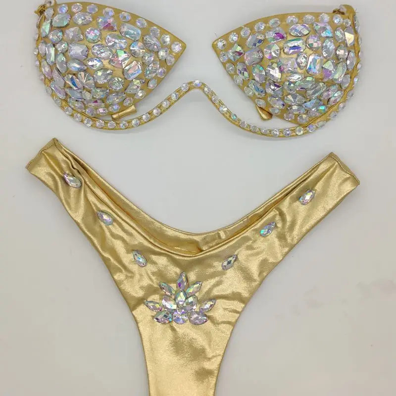 Product Image for Heidi-Mode | Diamond Bikini Crystal Bikini Badebekleidung Plus Größen Bikini Rhinestone Bikini Badeanzug Sexy Strandkleidung Biquini, GOLD / M