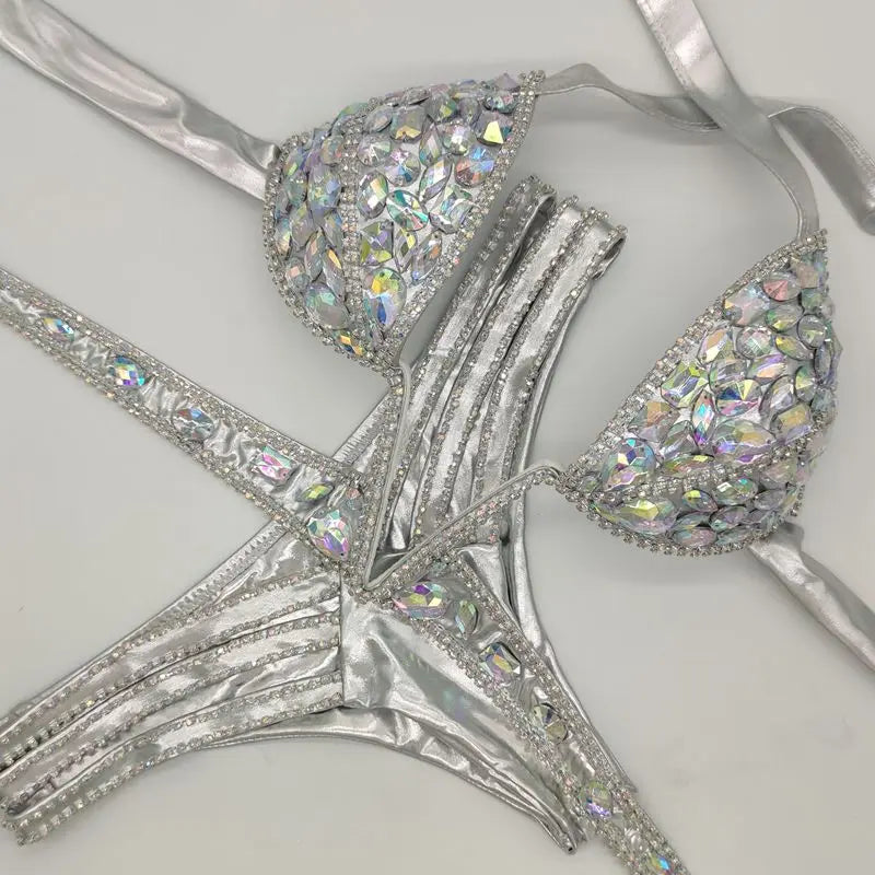 Product Image for Heidi-Mode | Venus Urlaub V-Kragen Rhinestone Badeanzug Daimond Bikini Set Push-Up Badeanzug Bling Stein Badeanzug, Silber / M