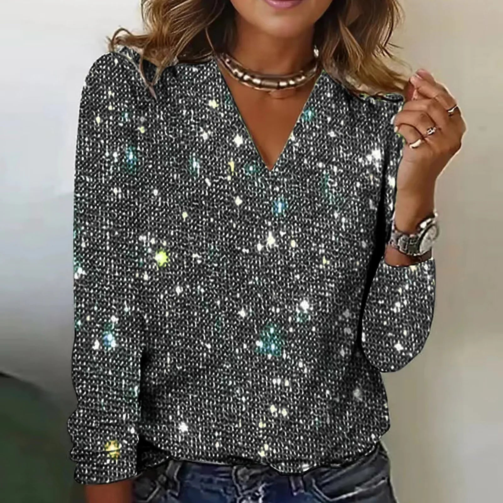 Product Image for Heidi-Mode | Damen Pailletten Glitzer Party Bluse Festlich, Schwarz / M