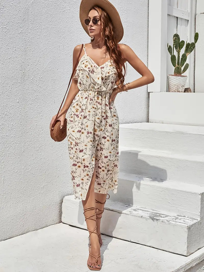 Product Image for Heidi-Mode | Blumen Midi Kleid Ohne Ärmel Elegantes Sommerkleid mit V-Ausschnitt und Rüschen Eine Bequeme Passform, Mehrfarbig / M