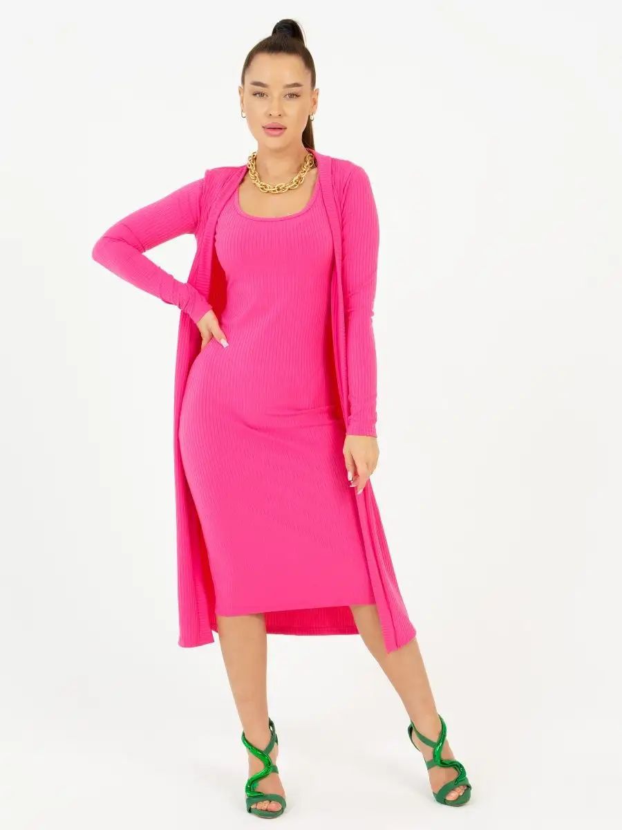 Product Image for Damen gestreiftes Langarmkleid mit passendem Cardigan Heidi-Mode, Fuchsia / 46