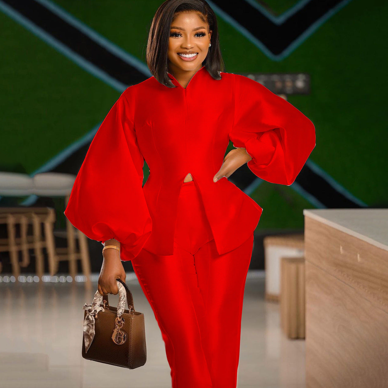 Product Image for Heidi-Mode | Damen Zweiteiliger Peplum-Stil Hosenanzug mit Stehkragen, Rot / L