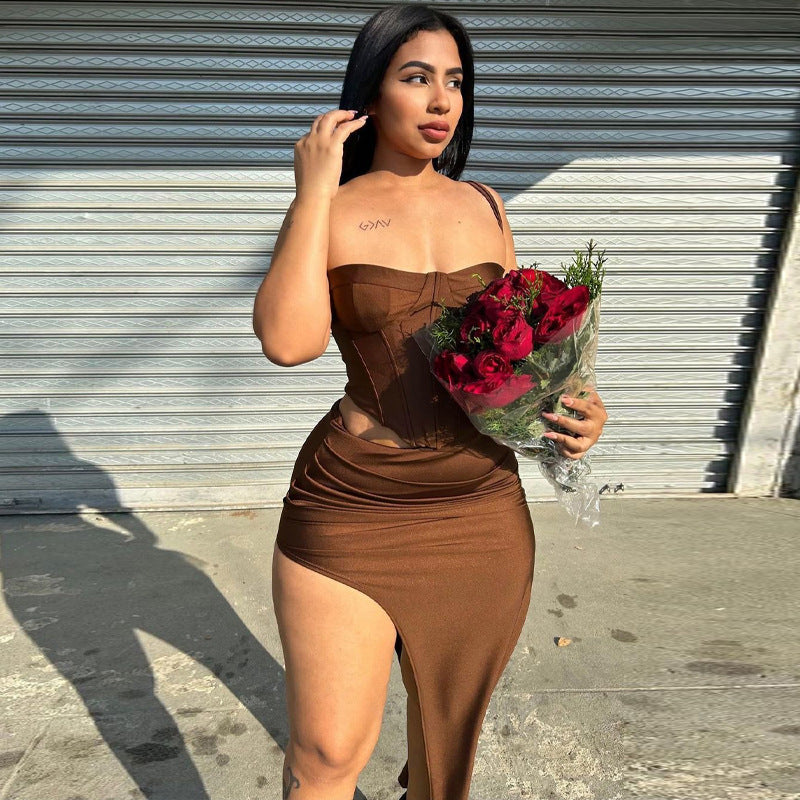 Product Image for Heidi-Mode | Damen Kleidung Sommer Sexy Bone Korsett Sling Bandeau Slim Fit Split Rock Set, S / Kaffe