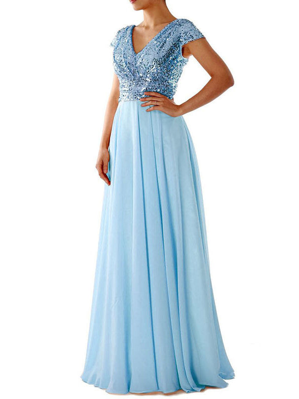 Product Image for Heidi-Mode | Damen Kleider V-Ausschnitt Paillette Chiffon Paneel Maxi Kleid, Himmelblau / 2XL