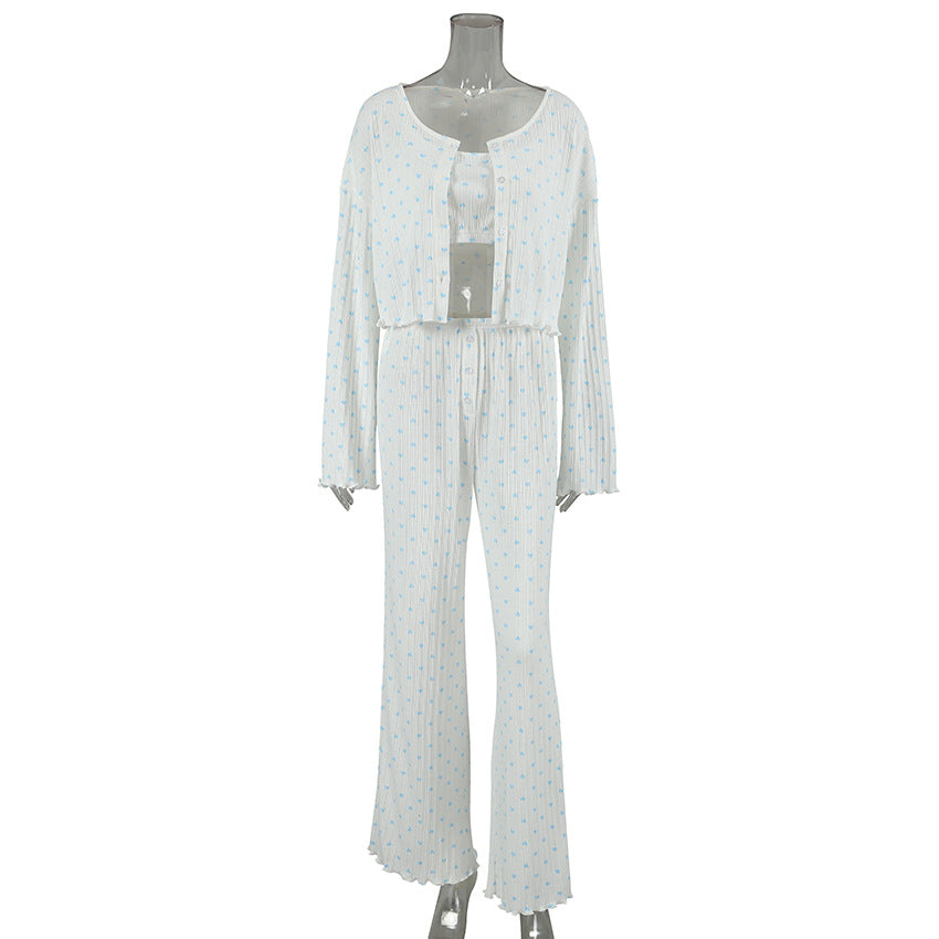 Product Image for Heidi-Mode | Frühling Sommer Strick Liebe Jacquard Zuhause Bekleidung Unterwäsche Langarm Hosen Drei Stück Frauen Pyjama, M / Multi