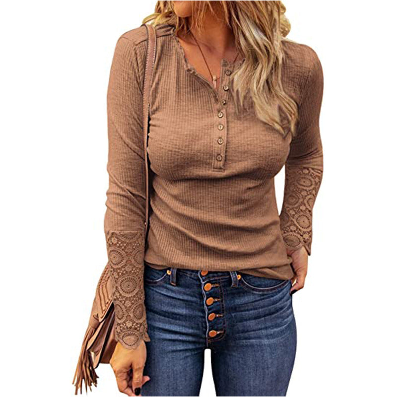 Product Image for Damen Langarmshirt mit Spitzenärmeln und Knopfleiste Heidi-Mode, Keine / L