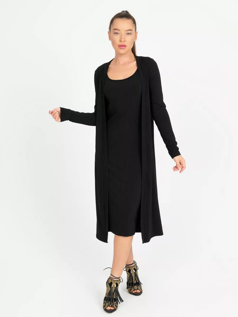 Product Image for Damen gestreiftes Langarmkleid mit passendem Cardigan Heidi-Mode, Schwarz / 56