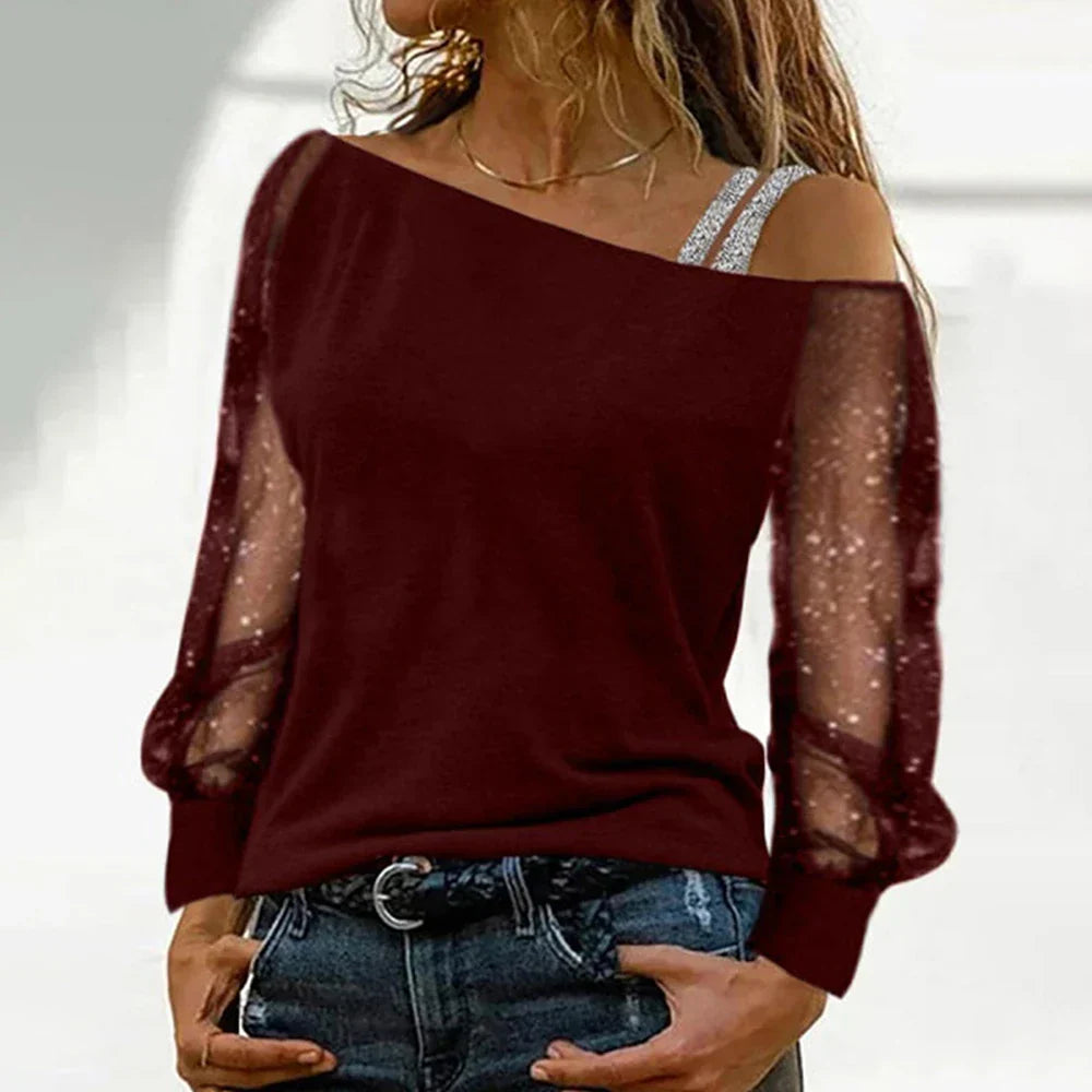 Product Image for T-shirt met lange mouwen van kant en mesh, Bourgondië / L