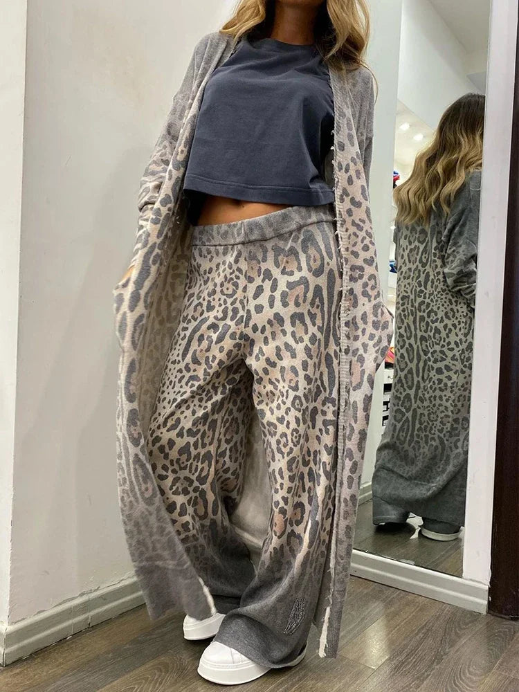 Product Image for Leopard Print Tasche lange Ärmel Strickjacke und elastische Taille Hose Set, Grau / L