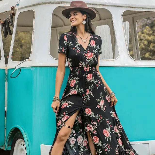 Product Image for Vrouwen Boheemse Stijl Casual Maxi Jurk, Zwart / XXL