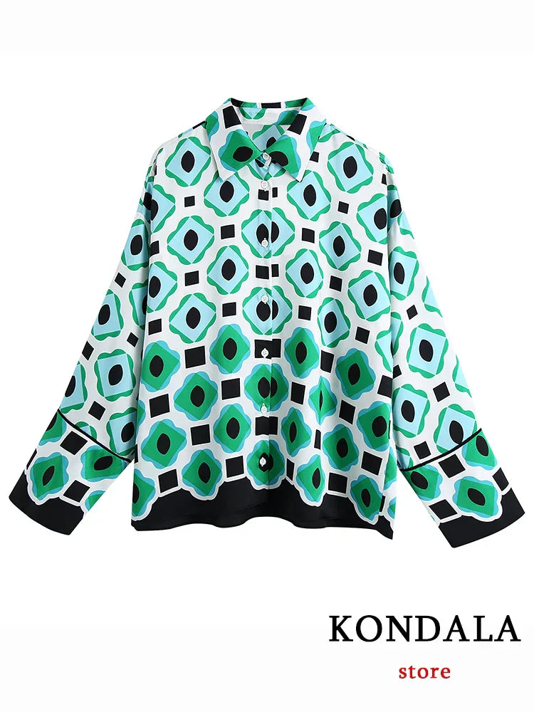 Product Image for Heidi-Mode | Geometrischer Druck Vintage Frauen Anzüge Herbstmode Übergröße Lange Blusen und Hohe Taille Breite Bein Hosen Frauen Set, Oben / L