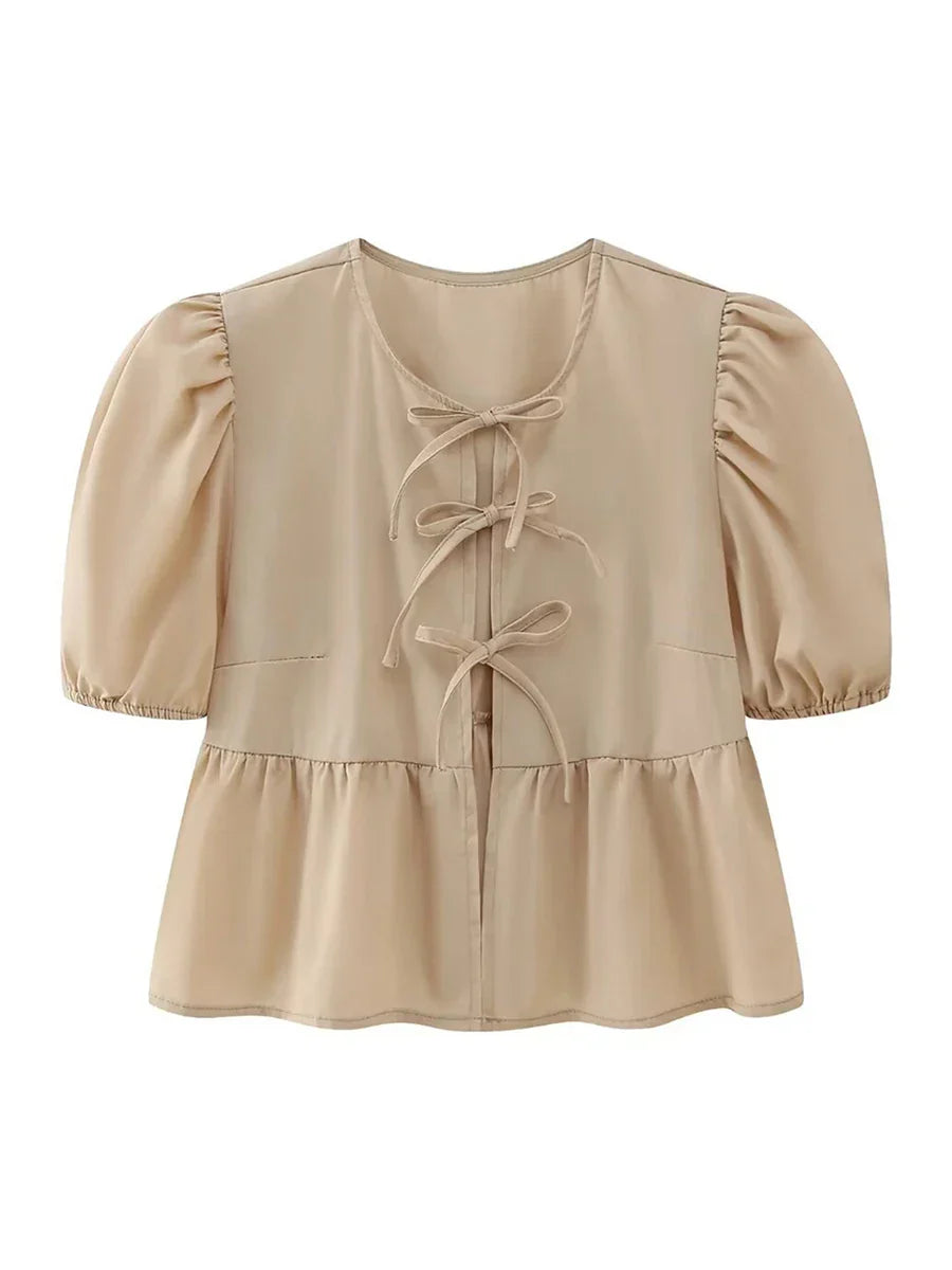 Product Image for Heidi-Mode | Schicke Sommer Babydoll Shirts Einfarbig/Gestreift Kurz Damen Puffärmel Rundhals Tie Up Front Peplum Blusen Top für Die Straße, J / S