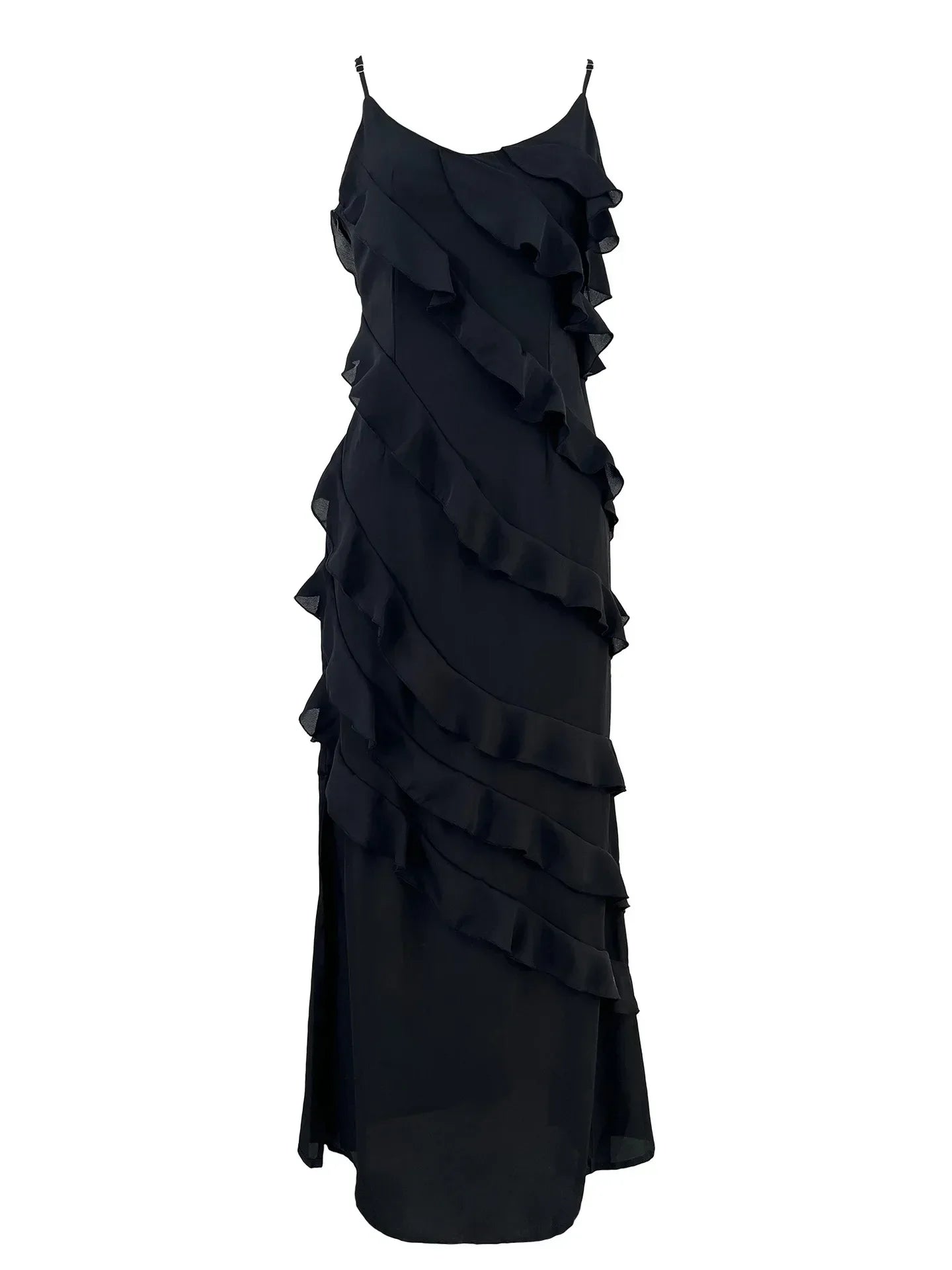 Product Image for Heidi-Mode | Elegante Rote Chiffon Slipkleider für Frauen Sexy Spaghetti-Träger Rückenfrei Schnürung Rüschen Lange Maxi Abendfest Prom Kleid, Schwarz 