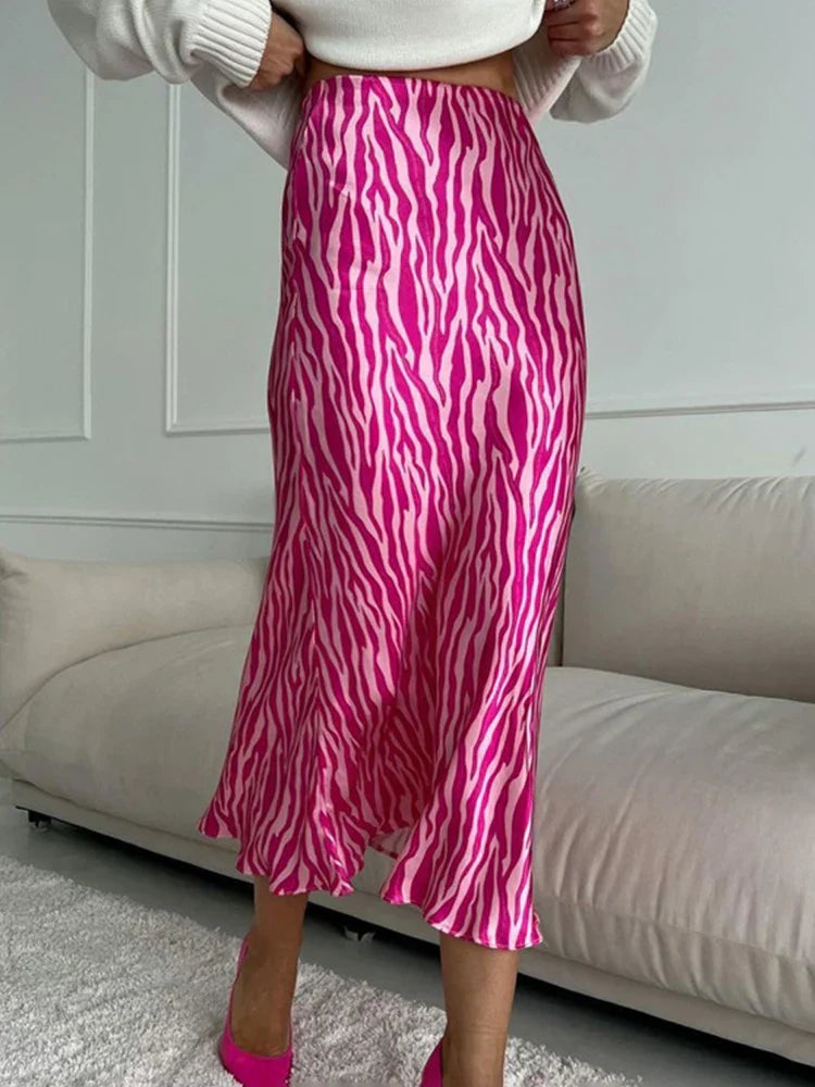 Product Image for Heidi-Mode | Sommer Herbst Damen Elegant Midi Satin Röcke Gedruckt Hohe Taille Büro Damen Bodycon Bleistift Enger Rock für Damen, Rosenrot / M