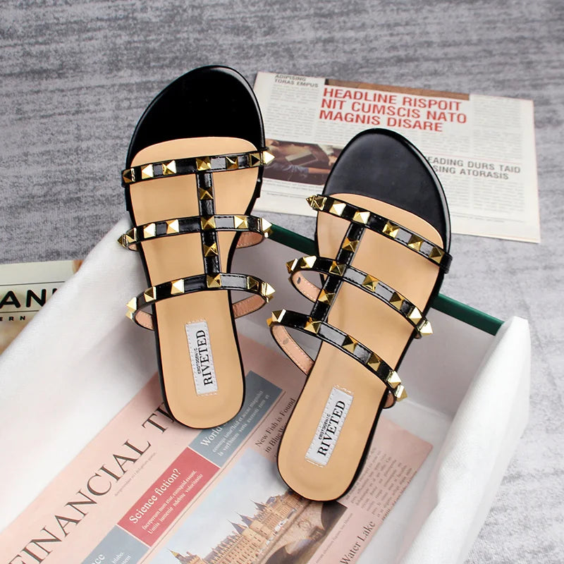 Product Image for Heidi-Mode | Sommer Frauen Sandalen Damen Freizeit Slipper Flache Schuhe Einfache Stil Mode Nieten Design Gehen und Shoppen Große Größen, schwarz / 36