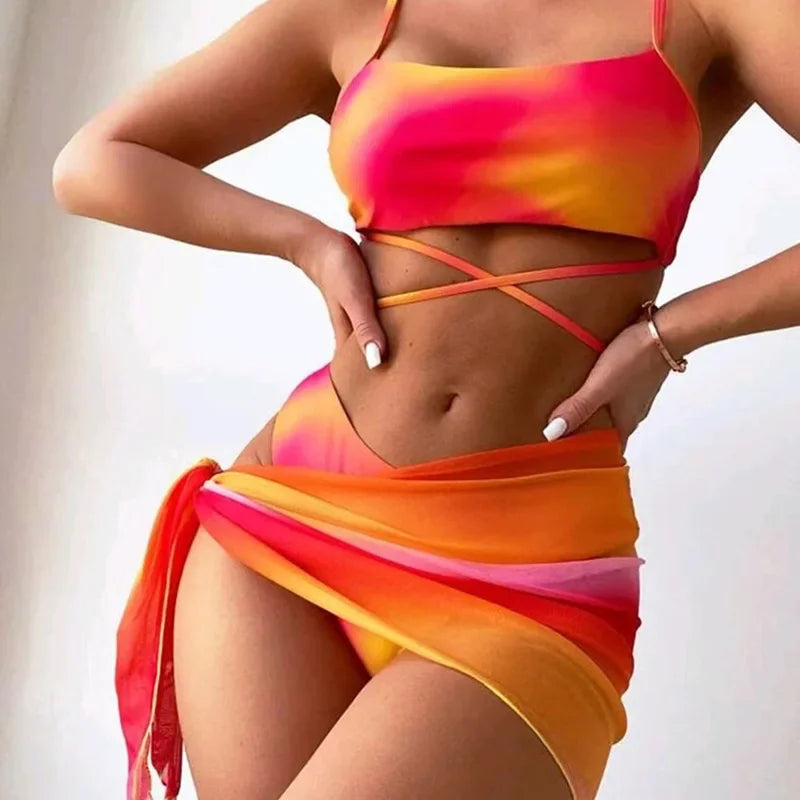 Product Image for Heidi-Mode | Sexy Frauen 3 Teilig Bikini Set Tie Dye Badebekleidung Strandmode Sommermode Push-Up Bequem Mesh Rock Anzug für Damen, Orange / S