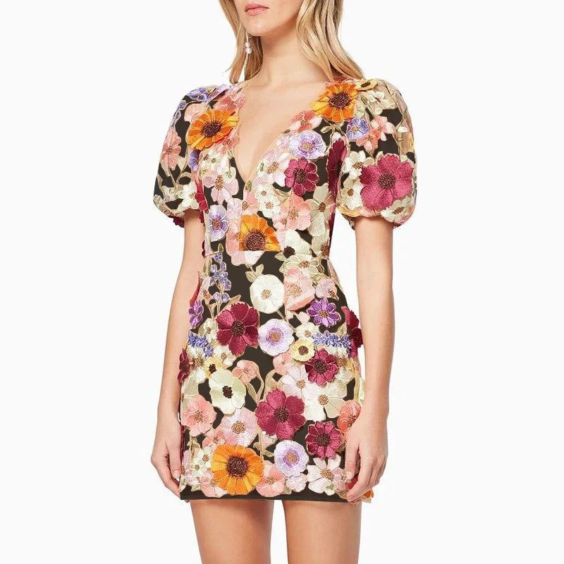 Product Image for Heidi-Mode | Runway Frühling/Sommer Neu Mesh 3D Blumenstickerei Perspektiv Abend Prom Kleid Frauen Urlaub Robe Vestido Fest, S / schwarzes Mini