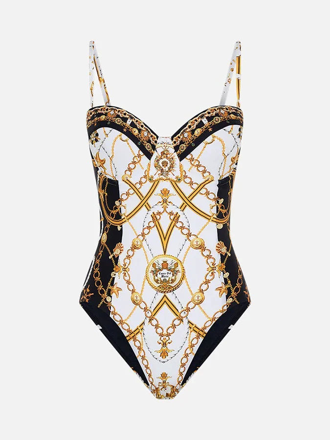 Product Image for Heidi-Mode | Courtl Jahrgang Gold Druck Einteiler Bikini Badebekleidung Kostüm Sexy Mode Slim Fit Badeanzug mit Langen Hosen Strandurlaub, Blaue / XL