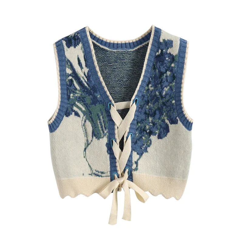 Product Image for Heidi-Mode | Jahrgang Pullover Westen Damen Harajuku Druck Ärmellos Strickweste Streetwear Koreanisch Crop Bandage Stricktop Neu, Bild 2 / XL