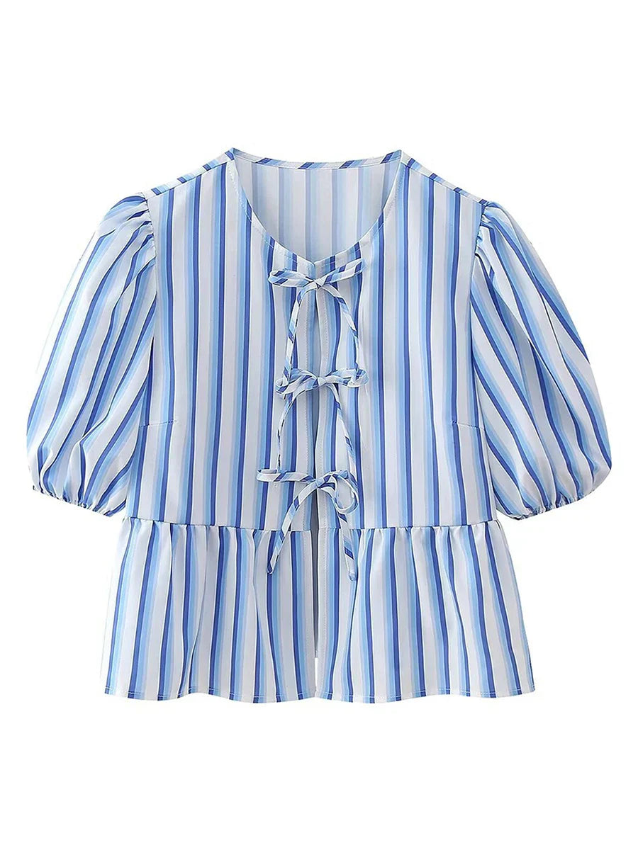 Product Image for Heidi-Mode | Schicke Sommer Babydoll Shirts Einfarbig/Gestreift Kurz Damen Puffärmel Rundhals Tie Up Front Peplum Blusen Top für Die Straße, L / M