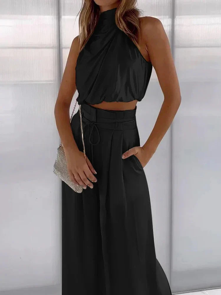 Product Image for Heidi-Mode | Elegantes Trendiges Ärmelloses Oberteil mit Falten und Hose mit Weitem Bein für Damen, Schwarz / XXXL