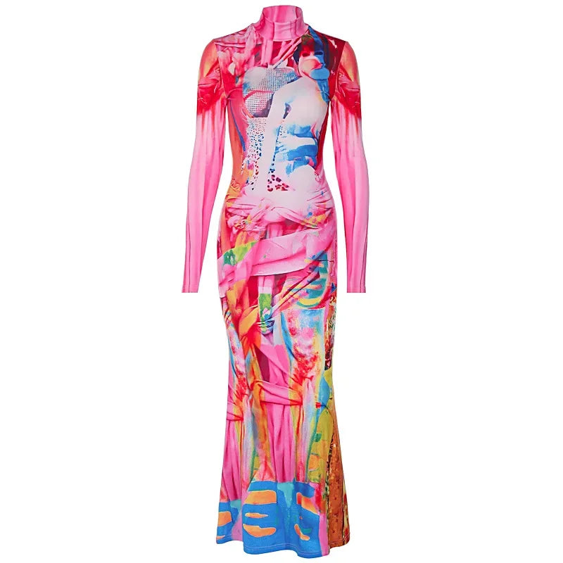 Product Image for Heidi-Mode | Sunny Multi Color Patchwork Print Langarm Stehkragen Bodycon Kleider Damen Luxus Elegant Karneval Fest Klub Sexy Kleid, Mehrfarbig / L