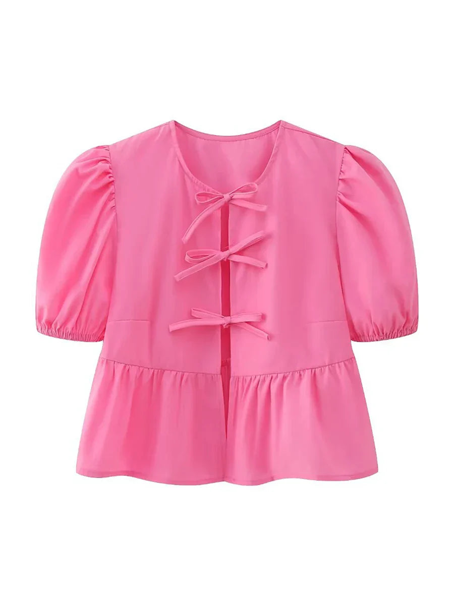 Product Image for Heidi-Mode | Schicke Sommer Babydoll Shirts Einfarbig/Gestreift Kurz Damen Puffärmel Rundhals Tie Up Front Peplum Blusen Top für Die Straße, F / S
