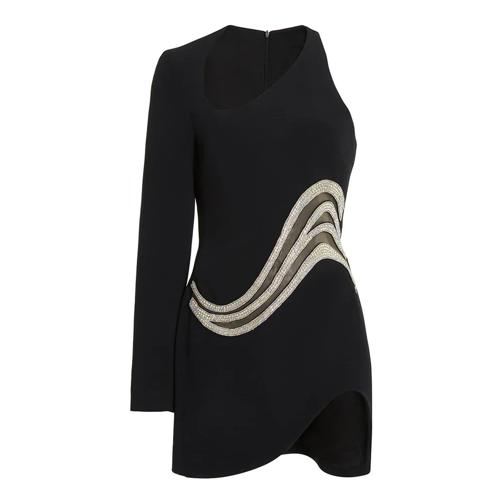 Product Image for Heidi-Mode | Damen Neue Ein Schulter Langarm Mesh Patch Diamant Bandage Kleid Elegant Sexy Club Abendfest Mini Kleid, schwarz / XS