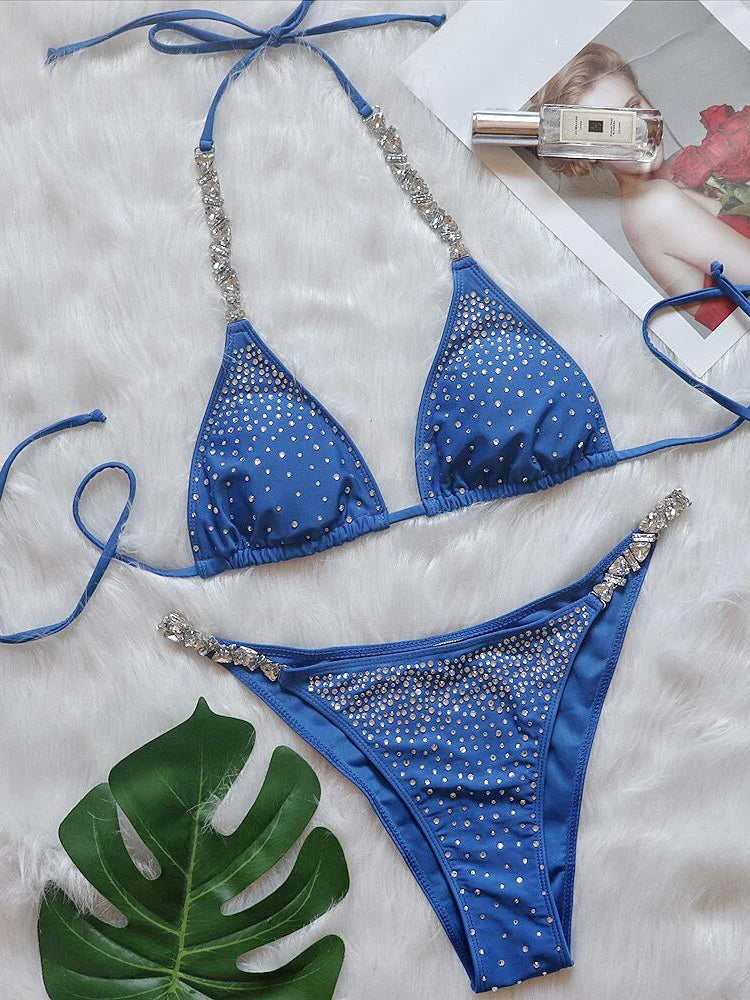 Product Image for Heidi-Mode | Shiny Diamond Party Bikini Zu Delt Set Frauen Sexy Einfarbig Schnürung Badebekleidung Strand Weiblich Sommer Neu, Blau / L