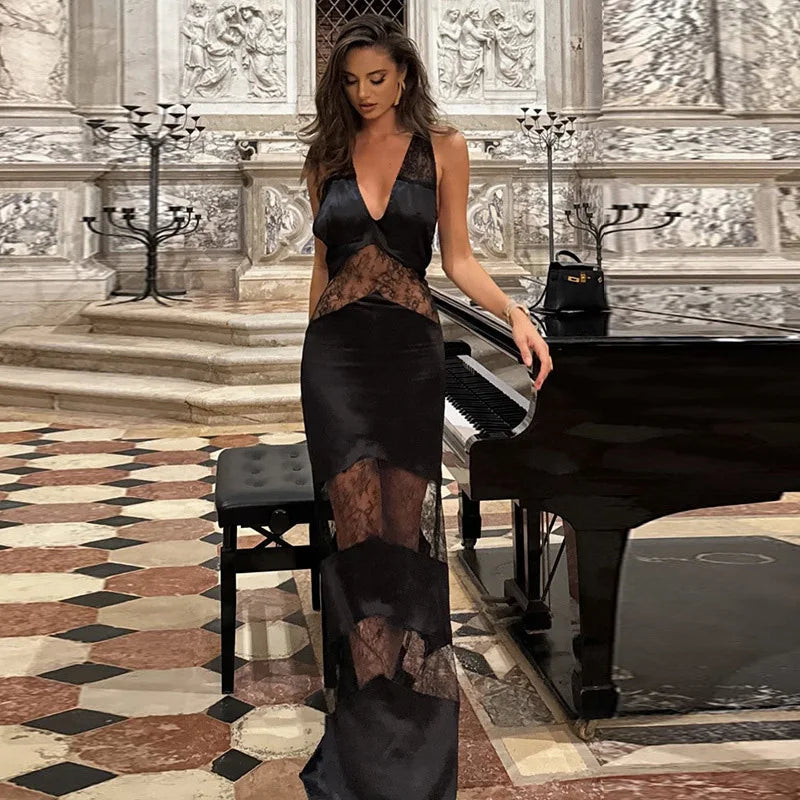 Product Image for Heidi-Mode | Spitzen Durchsichtig Sling Maxi Kleid Frauen Sexy Schlank Schwarz Rückeloses Ärmellos Lange Kleider Damen Sommer Schick Fest Abend Roben,