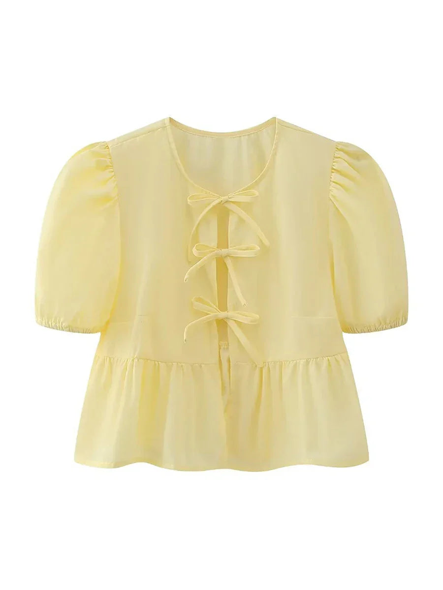 Product Image for Heidi-Mode | Schicke Sommer Babydoll Shirts Einfarbig/Gestreift Kurz Damen Puffärmel Rundhals Tie Up Front Peplum Blusen Top für Die Straße, Ich / L