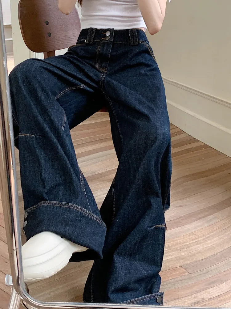 Product Image for Heidi-Mode | Trashy Y2K Mode Knopfmanschetten Dunkelblaue Baggy Jeans Hosen für Damen Kleidung Schlichte Elegante Hosen Damen Pantalon Femme, 