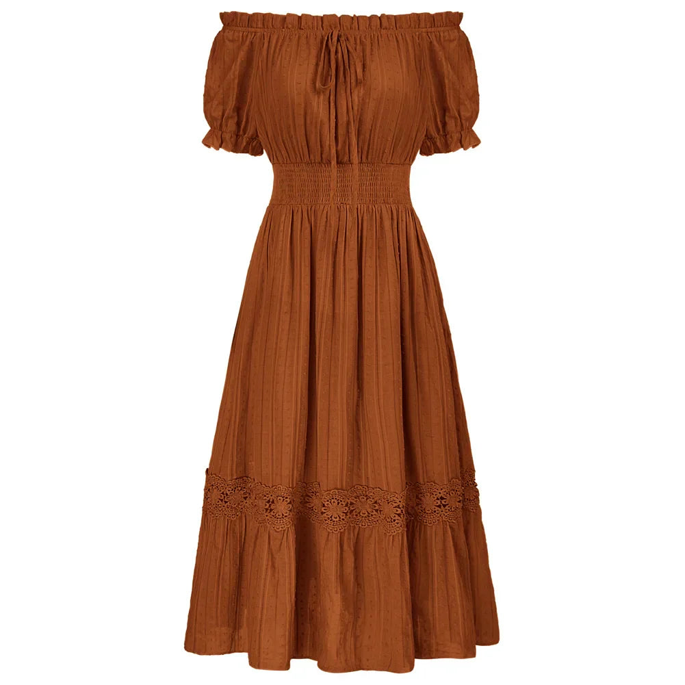 Product Image for Heidi-Mode | Sd Frauen Renaissance Baumwolle Kleid Sommer Kurzarm Rüsche Off Shoulder Ausgestellt A-Linie Kleid Rüsche Slim Fit Mode Kleider, Braun / 