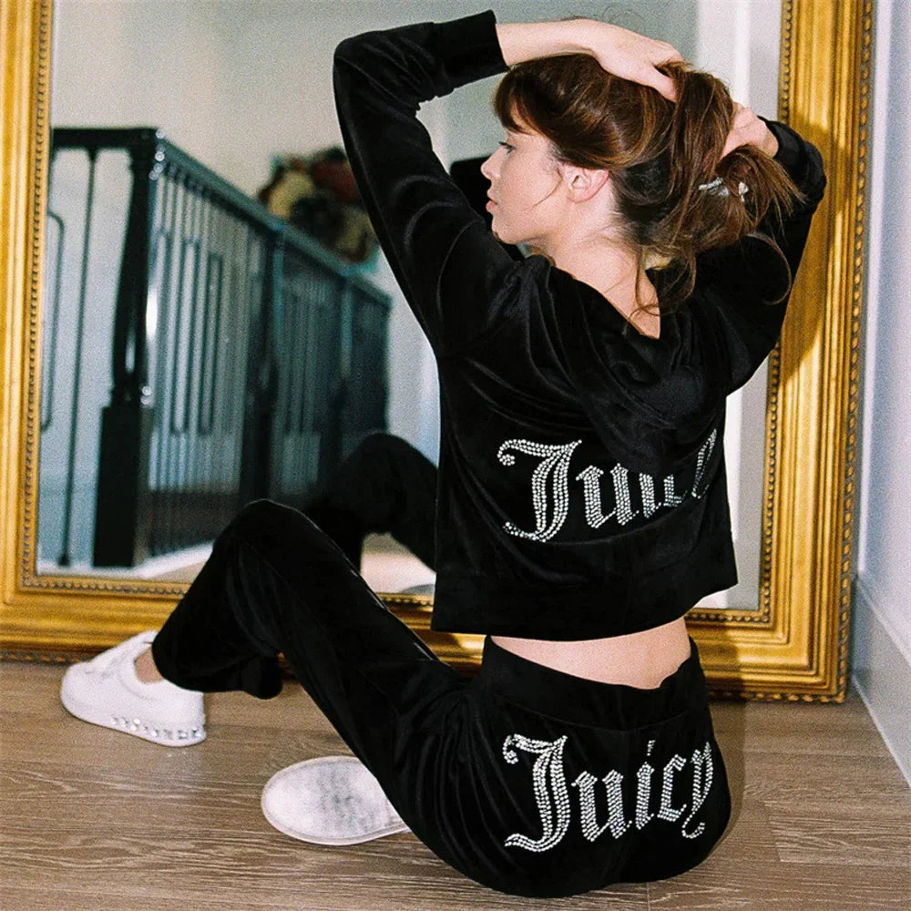Product Image for Heidi-Mode | Velours Trainingsanzug Frauen Langarm Hoodie Juicy Bling Shine Tops und Hose Zweiteilig Diamant Logo Druck Lässige Workout Kleidung, 