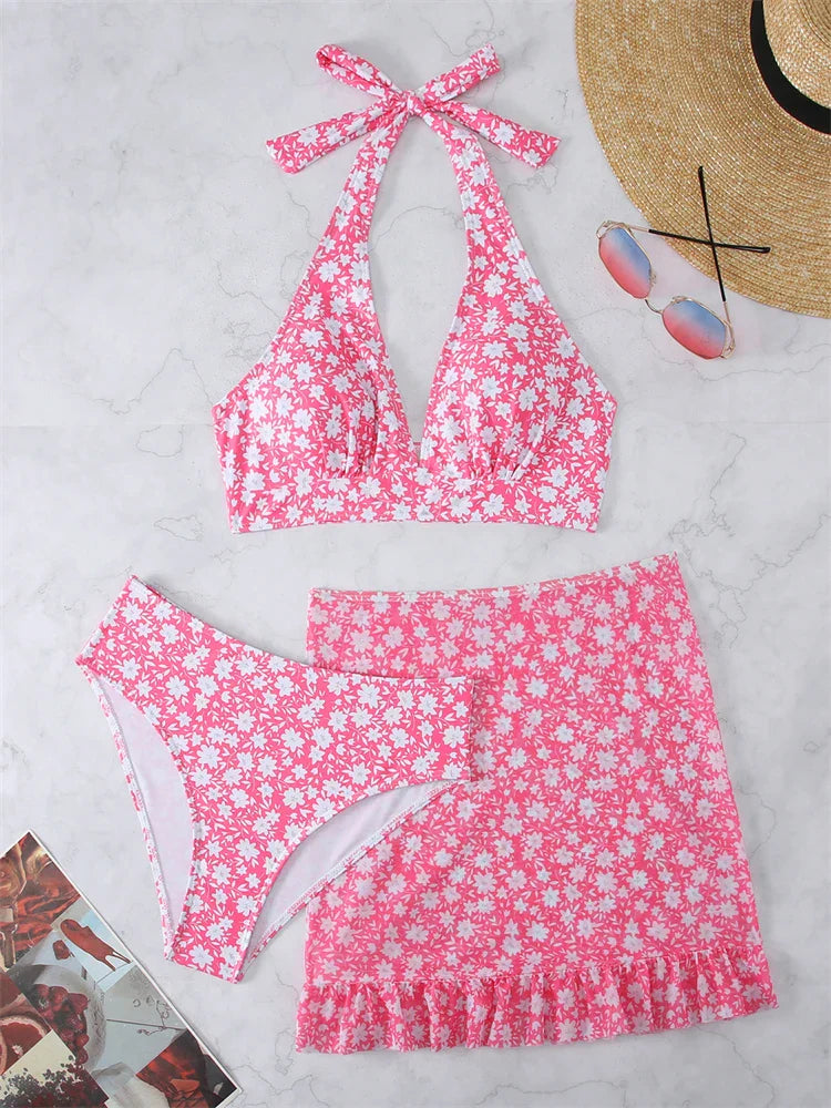Product Image for Heidi-Mode | Bikini Frauen Badeanzug Neu Print Halter V-Ausschnitt Bikinis Set Sexy Hohe Taille Badebekleidung Sommer 3 Teilig Strand Badeanzug 