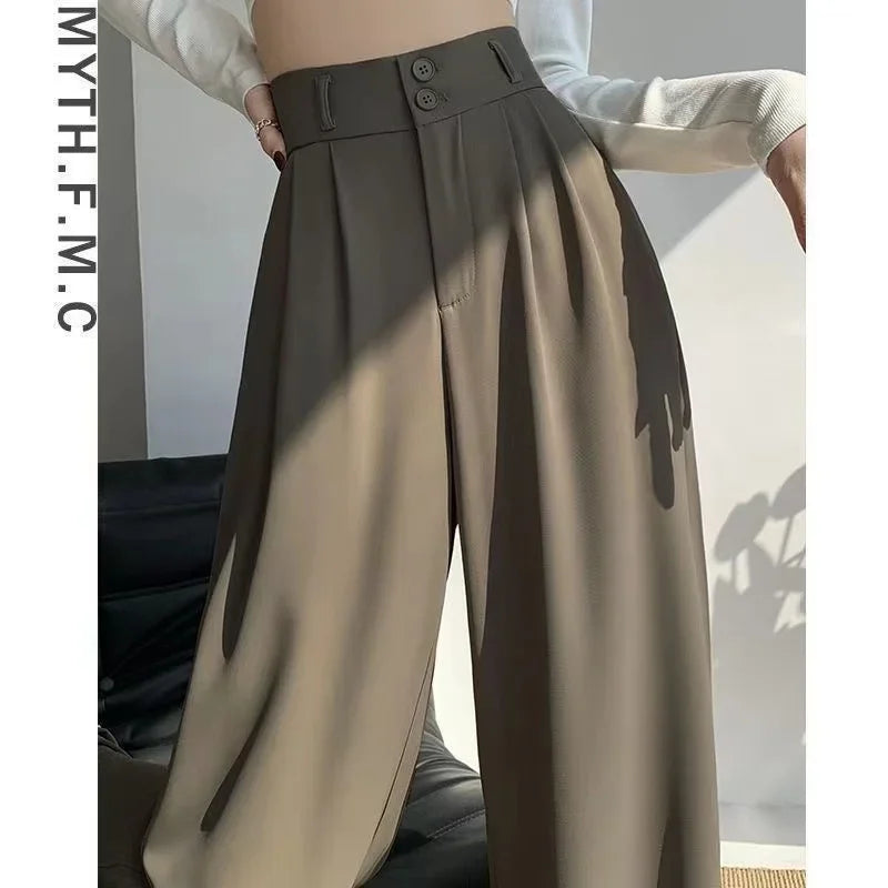 Product Image for Heidi-Mode | Damen Weite Beinhosen Frauen Koreanischer Stil Hohe Taille Schwarze Hosen Büro Damen Mode Lockere Graue Blazerhosen Streetwear, Kaffe / L