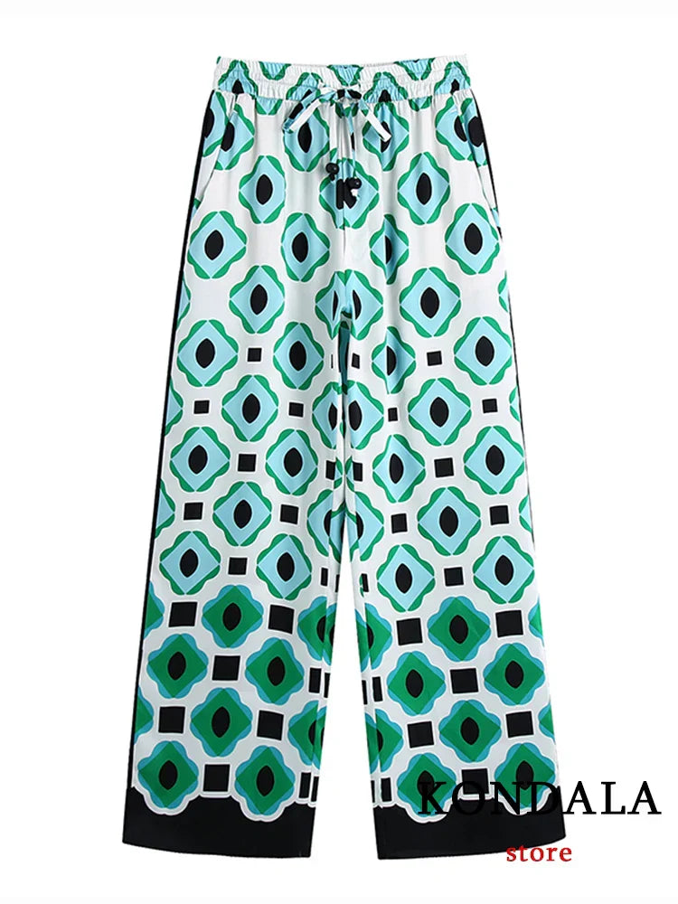 Product Image for Heidi-Mode | Geometrischer Druck Vintage Frauen Anzüge Herbstmode Übergröße Lange Blusen und Hohe Taille Breite Bein Hosen Frauen Set, Hosen / S