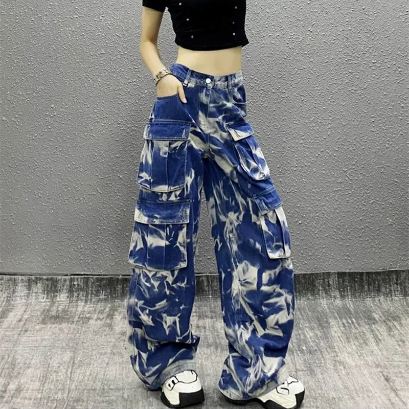 Product Image for Heidi-Mode | Y2K Streetwear Tie Dye Multi-Taschen Baggy Jeans Cargo-Hosen für Frauen Kleidung Neu Rockweite Hüfthose Damen Hosen, Blau Grau / XL / 