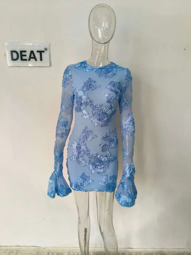 Product Image for Heidi-Mode | Mode Damen Stickerei Blume Rücken Hohle aus Kleid Frühling Trendy O-Ausschnitt Flare Ärmel Kleider Weiblich, blau / L