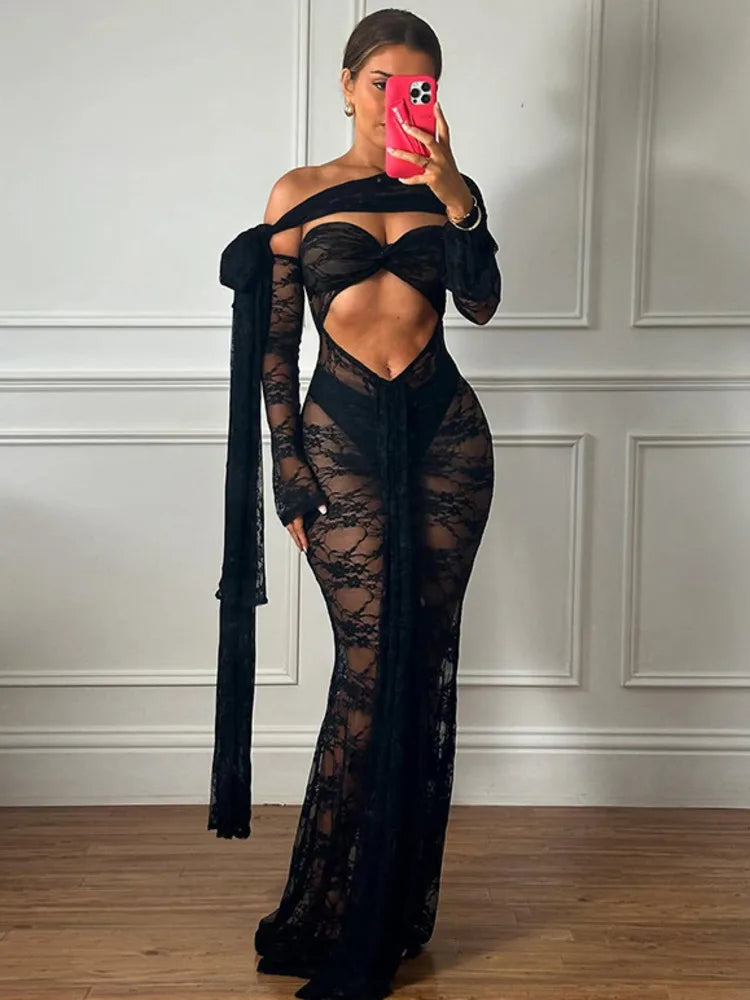 Product Image for Heidi-Mode | Spitze Transparent Strapless Sexy Maxi Kleid für Frauen Gown Halter Höhle Ohne Ärmel Rückenfrei Hoch Schlitz Lang Kleid, Schwarz / L