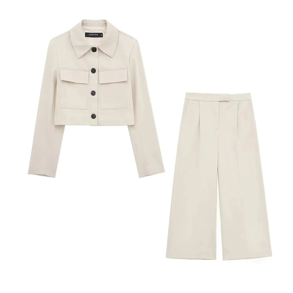 Product Image for Heidi-Mode | Frühling Frauenmode Beige Blau Jacke Anzug Ein-Knopf Jacke Frauen Hohe Taille Lässige Baggy Hosen 2 Teilig Set, khaki Anzug / XS