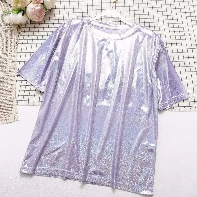 Product Image for Heidi-Mode | S 5Xl Damen Funkelnd Shiny Metallisch Holografisch Rundhals Kurzarm Lässig Lose Top Festival Party T-Shirt Damenbekleidung, helllila / S(