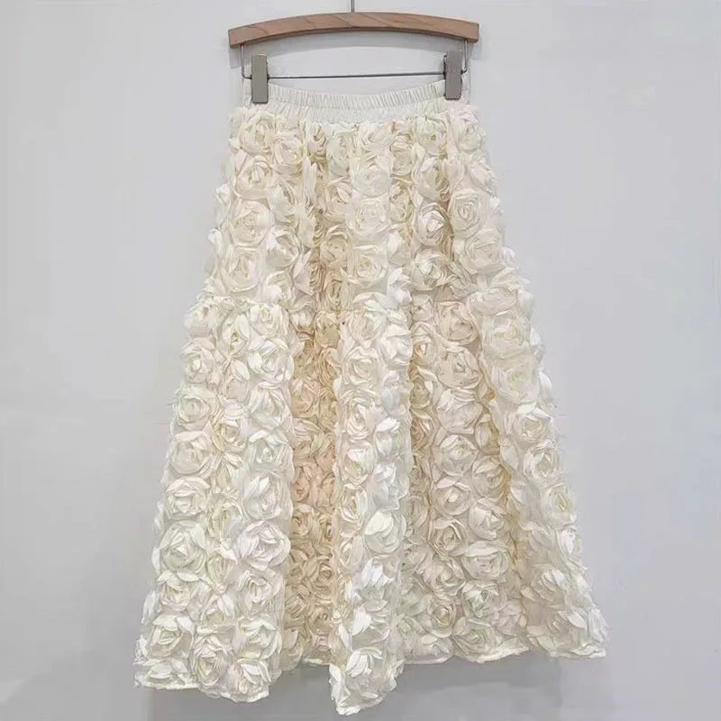 Product Image for Heidi-Mode | Herbst Neu Vielseitig Drei Dimensional Blumen Mittlere Falten Rock Hohe Taille Große Schwung Mode A-Linie Röcke Frauen, Aprikose / Eine 