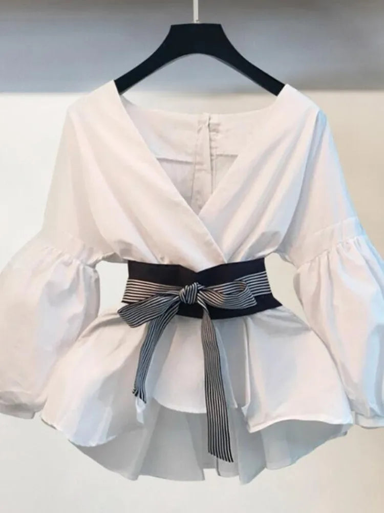 Product Image for Heidi-Mode | Laternenärmel Bluse Shirt Frauen Mode Koreanischer Stil Sommer Bogen V-Ausschnitt Gestreiftes Shirt Elegante Damen Tops Damenbekleidung, 