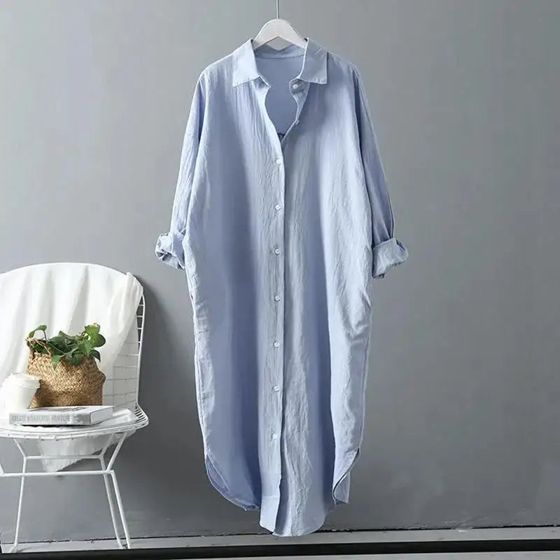 Product Image for Heidi-Mode | Langarm Hemd mit Knopf Midi-Kleid Leinen Baumwollmischung Owazia, Himmelblau / S