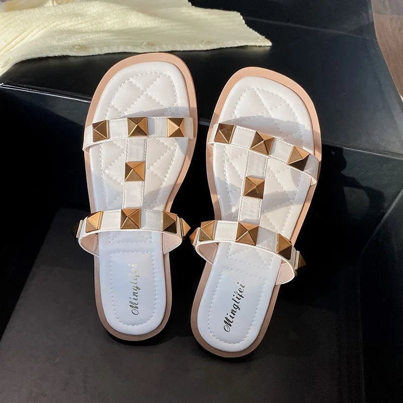 Product Image for Heidi-Mode | Damen Sommer Outdoor Sandalen Damen Freizeit Slipper Flache Schuhe Mode Nieten Design Büro und Spaziergänge, Elfbein / 36