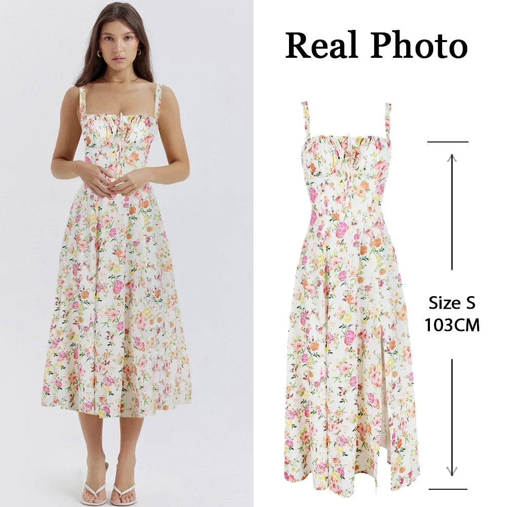 Product Image for Heidi-Mode | Damen Sommer Blumenmuster Kleider Süß Elegante Midi Urlaub Kleid Lässig Schlitz Blau Schnürung Kleider, elfenbein druck / L (keine 